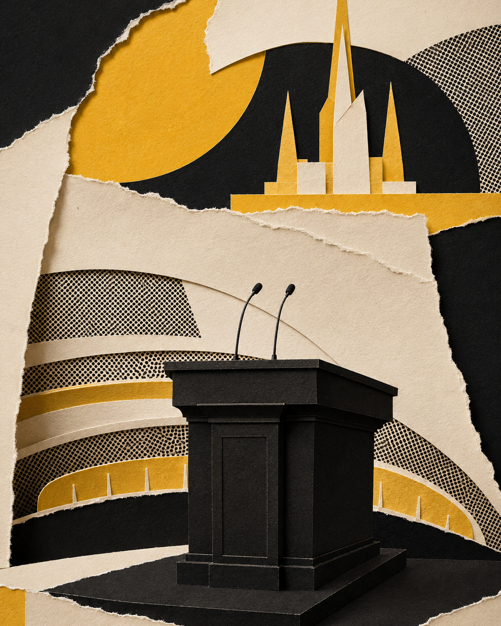 General Conference-style pulpit in a paper collage