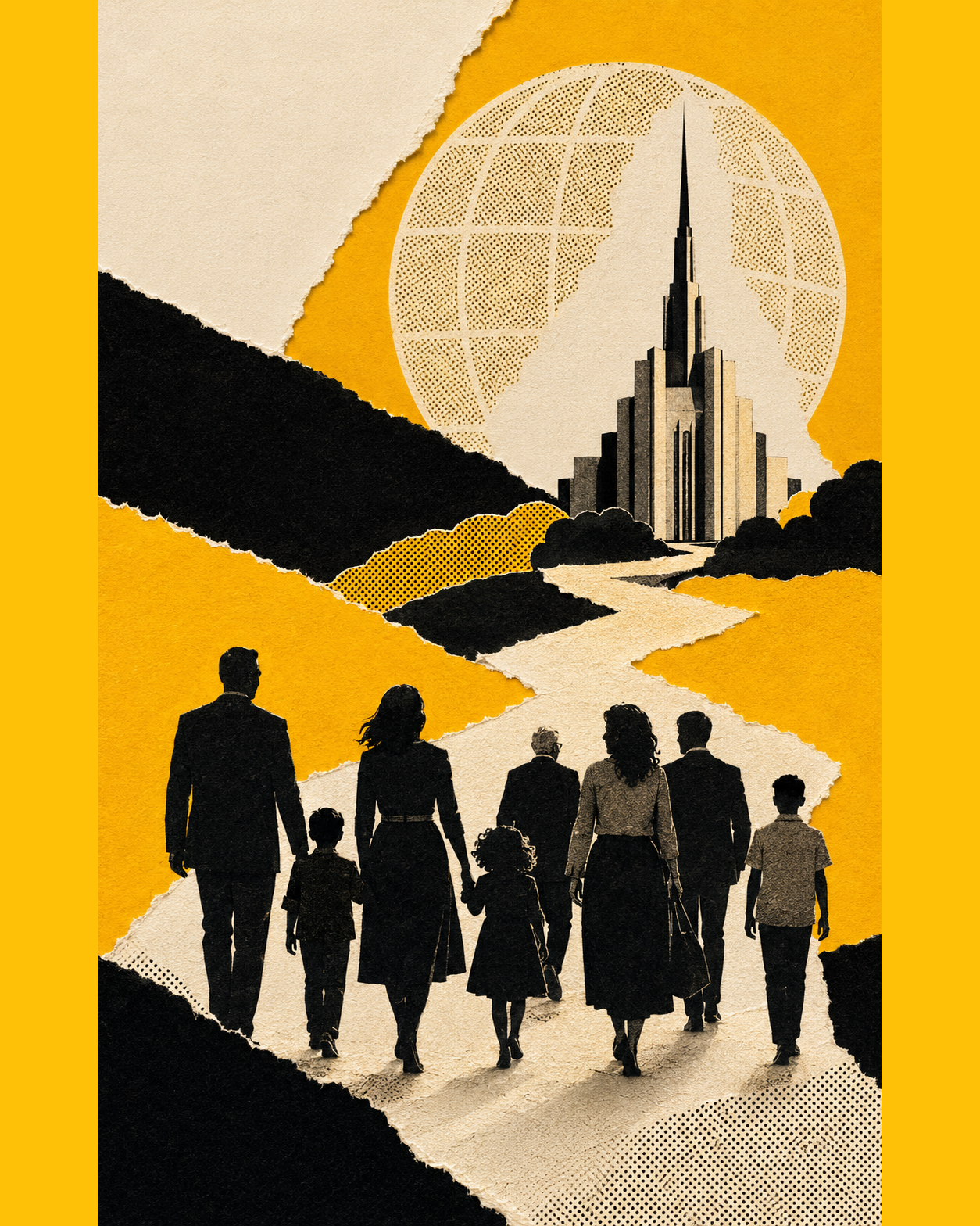 Latter-day Saint families walking toward a temple in a SaintsHQ paper collage