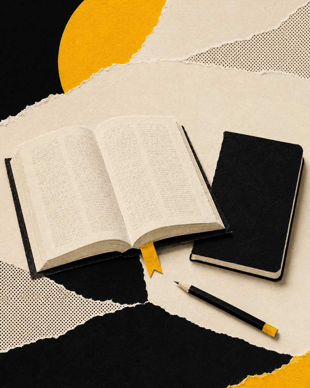 Open scriptures, journal, and pencil in a paper collage