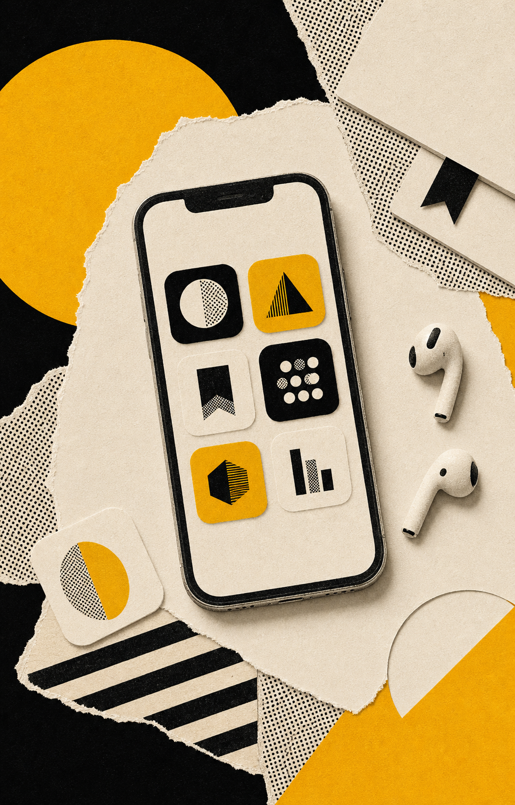 A paper collage of a smartphone, app icons, study pages, and earbuds